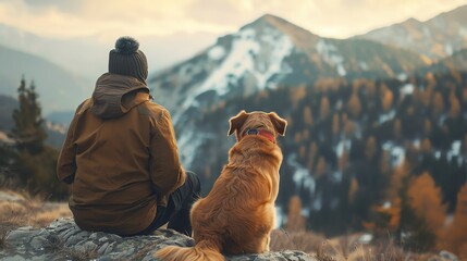 A woman sits on a rock with her dog, looking out at a beautiful mountain landscape - Powered by Adobe