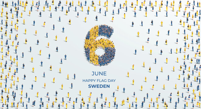 Happy flag Day Sweden. A large group of people form to create the number 6 as Sweden celebrates its Flag Day on the 6th of June. Vector illustration.
