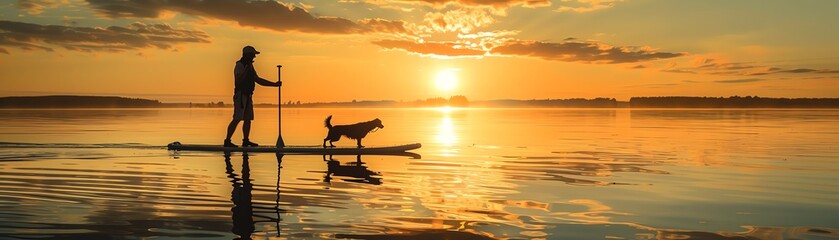 A man and his dog paddle through the still waters of a lake at sunrise