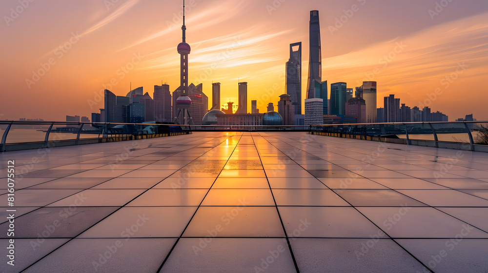 Aufkleber Empty square floor and bridge with city skyline at sunset in Shanghai China : Generative AI