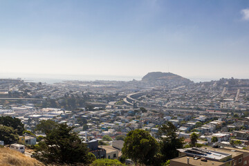 the iconic and breathtaking cityscape panoramic view from above a hill at bernal heights in san Francisco after to sunrise, California