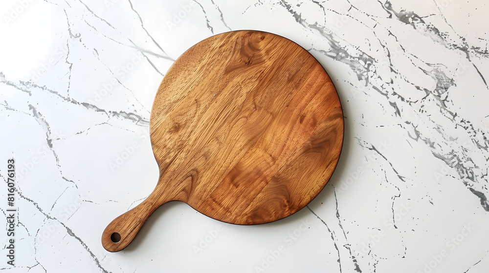 Fototapete round empty wooden charcuterie serving board with handle on a white or gray marble table top view ki