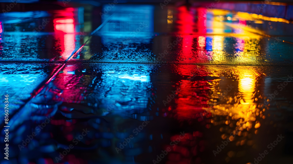 Poster Wet asphalt night view neon reflection on the concrete floor Night empty stage studio Dark abstract background Product Showcase Spotlight Background : Generative AI