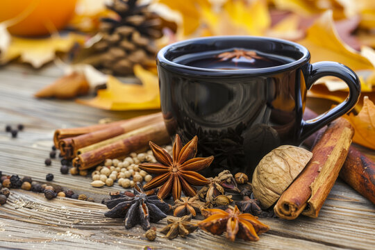 Mulled wine, richly colored red wine brewed with spices.