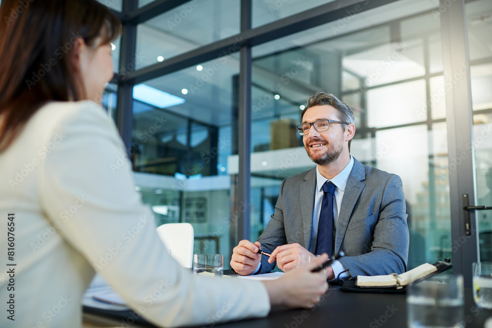 Aufkleber businessman, meeting and interview with client for partnership, b2b or hiring at office. business pe