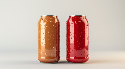 Aluminum Drink Can. A group of colorful aluminum cans of beverage, top view. Energy drink soda can mockup template with water droplets, isolated on light grey background. High resolution. 