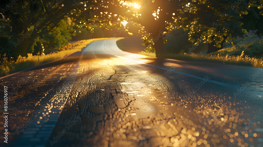 Poster the road with a roadside tree and evening light shines : generative ai