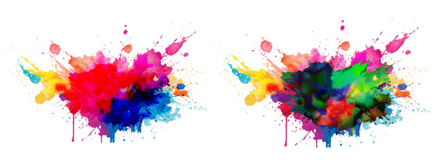 Bright colorful watercolor splash splatter stain brush strokes on white background. Modern vibrant aquarelle spot. Rainbow trendy isolated design on white. Element. Vector watercolor illustration.	