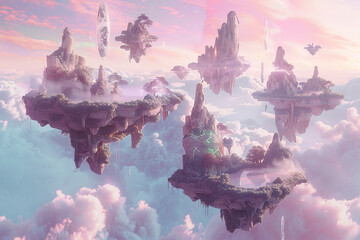 Surreal landscape of floating islands, each adorned with intricate geometric patterns, drifting...