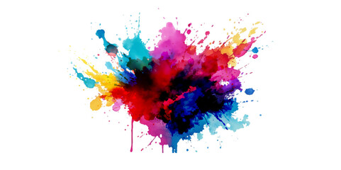 Bright colorful watercolor splash splatter stain brush strokes on white background. Modern vibrant aquarelle spot. Rainbow trendy isolated design on white. Element. Vector watercolor illustration.	