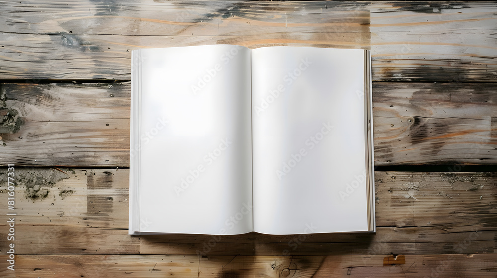 Poster blank catalog brochure book mock up empty opened magazine on wooden background : generative ai