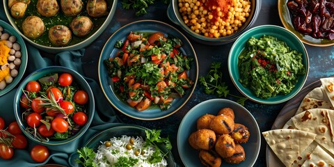 Camera captures vibrant array of Arabic mezze a culinary journey of discovery. Concept Food photography, Arabic cuisine, Culinary delights, Vibrant colors, Dining experience