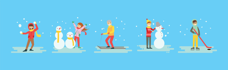 People Character as Winter Holiday Having Fun Outdoors Vector Set