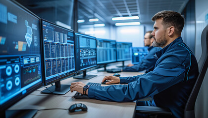Fototapeta premium a shot of an IT specialist adjusting network settings on a screen while monitoring security alerts on other monitors, Technology, IT specialist, cybersecurity, Teamwork,
