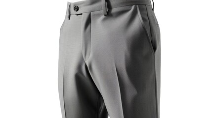 A light grey pair of formal trousers for men presented against a white background