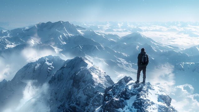 A lone figure on a mountain peak gazing at snow capped mountains