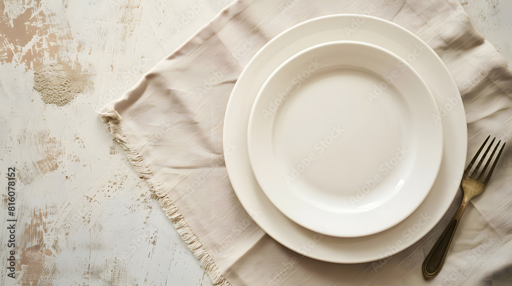 Leinwandbilder Top view on colored background empty round white plate on tablecloth for food Empty dish on napkin with space for your design : Generative AI