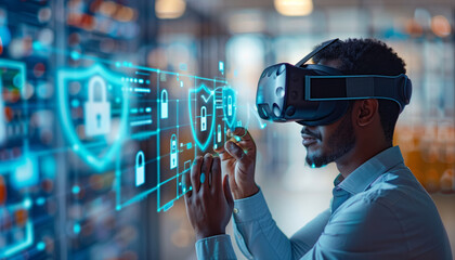 a detailed image of a cyber specialist using a VR headset to visualize network security, with virtual shields and locks floating in the virtual space, Technology, IT specialist, cy