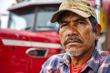Fototapeta premium Portrait of Hispanic male truck driver standing in front of his truck