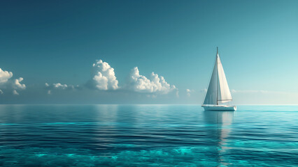 Obraz premium A lone elegant sailboat sails on a turquoise sea