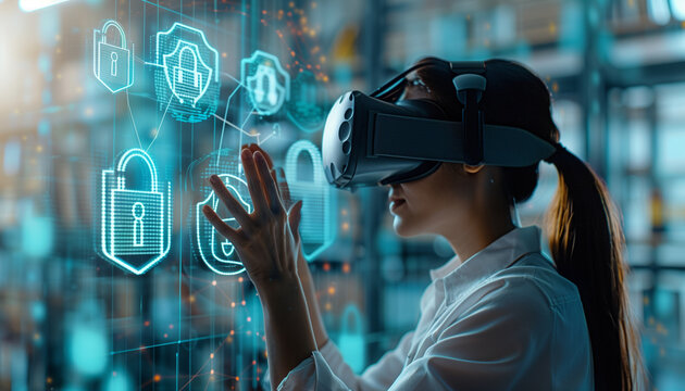 a detailed image of a cyber specialist using a VR headset to visualize network security, with virtual shields and locks floating in the virtual space, Technology, IT specialist, cy