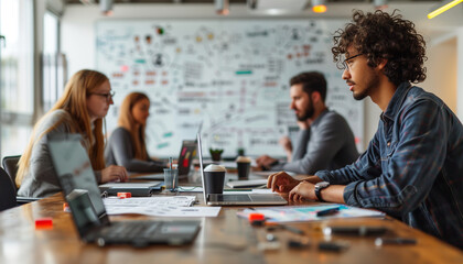 a side view of a team of IT specialists collaborating at a table, laptops open and whiteboards filled with complex diagrams behind them, Technology, IT specialist, hackathon, code