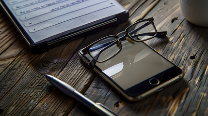 Medium camera format glasses smartphone pen and notepad on wood : Generative AI