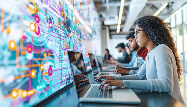 a side view of a group of participants working together, with laptops open and a large screen displaying their collaborative coding efforts and diagrams, Technology, IT specialist,