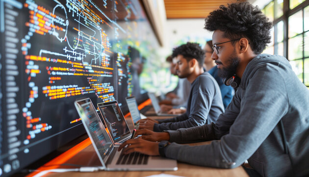 a side view of a group of participants working together, with laptops open and a large screen displaying their collaborative coding efforts and diagrams, Technology, IT specialist,