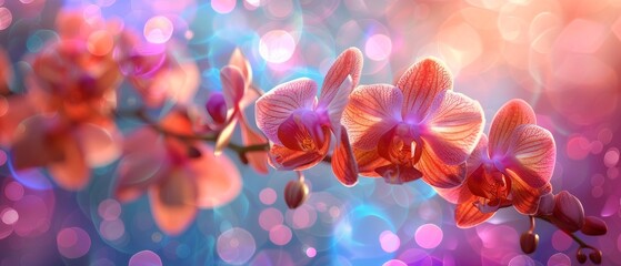 A vibrant and imaginative display of assorted orchid flowers emerging from a galaxythemed backdrop, ideal for modern lifestyle and creative interior designs
