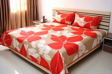 Empty bed with printed colorful bed sheet and pillow.