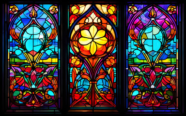 Stained glass windows cast colorful patterns on the walls.
