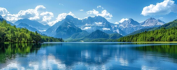 romantic summer landscape with lake and mountains - Powered by Adobe