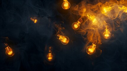 Fototapeta premium Glowing Yellow Light Bulbs on a Dark, Smoky Black Background, Ideas in Darkness