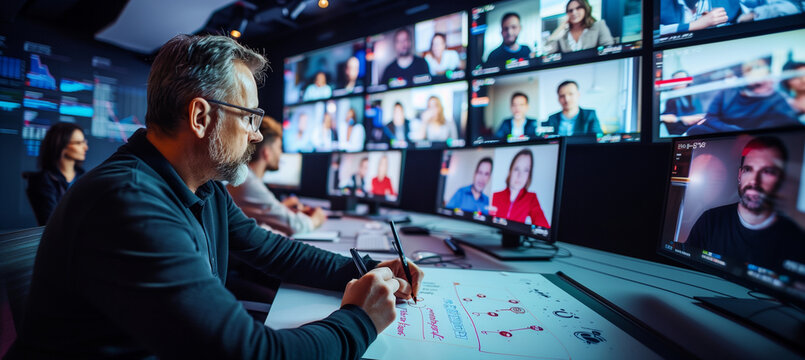 a shot of an IT specialist writing on a digital whiteboard while others are engaged in the video conference on multiple screens, Meeting, Teamwork, Business, Video Conference, Offi