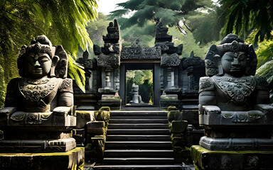 Stone statues guard the entrance with silent elegance.
