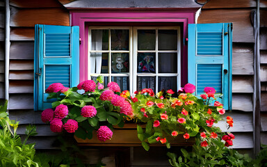 Fototapeta na wymiar Vibrant flowers bloom in window boxes beneath rustic shutters. 