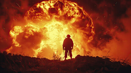 A silhouette of a soldier standing on a hill, looking at the distant nuclear explosion with the fiery cloud dominating the horizon