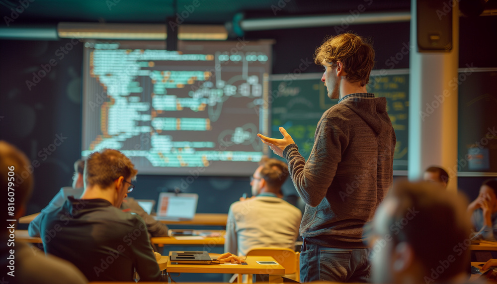 Wall mural a shot of a participant presenting their project to a group, with a projector screen displaying code