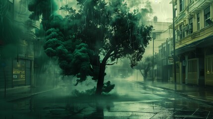 Fototapeta premium Lush green smoke sculpting a tree silhouette, set against a rainy urban street scene