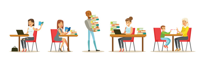 People Character at Library and Bookstore with Books Vector Set