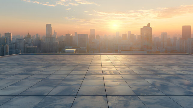 Perspective view of empty concrete floor and modern rooftop building with sunset cityscape scene Mixed media : Generative AI