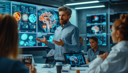 a   shot capturing an IT specialist presenting their AI project to a small group, with screens displaying animated algorithms and data, Technology, IT specialist, machine l