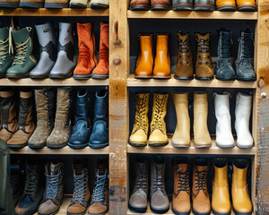  various boots on shelves in store, 