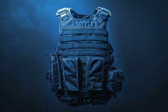 Modern black bulletproof vest equipped for police or military use, shown under dramatic lighting