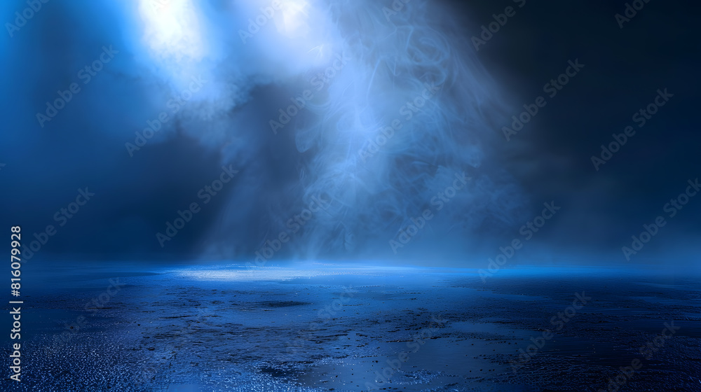 Poster dark empty scene blue neon searchlight light wet asphalt smoke night view rays : generative ai