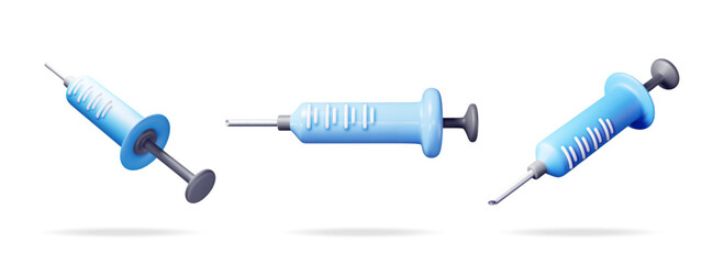 3d set of syringe icon isolated. Render collection of medical plastic vaccination syringe. Injection syringe needles. Healthcare hospital medical diagnostics. Urgency emergency. Vector illustration