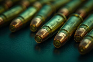 Detailed close-up of multiple bullets aligned on a dark, textured background