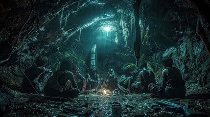 A group of survivors huddled together in an underground bunker, with dim lighting and makeshift supplies around them