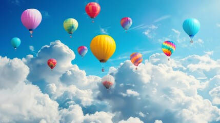 Fototapeta premium A colorful hot air balloon filled with people is flying in the sky